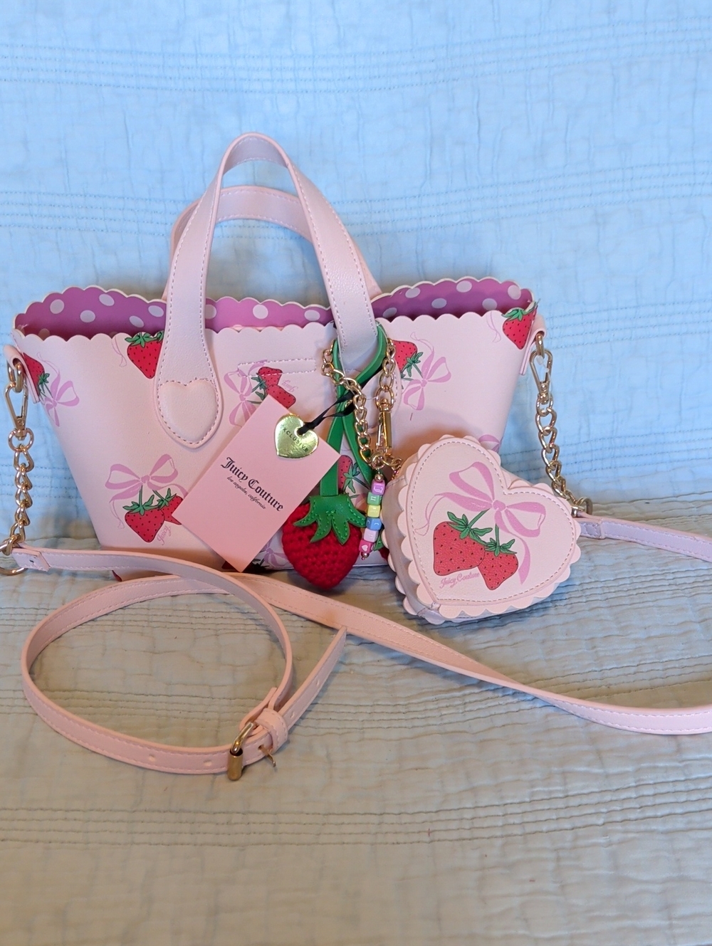Exclusive Juicy Couture Pink Strawberry Tote with Heart Coin Pouch and Charm